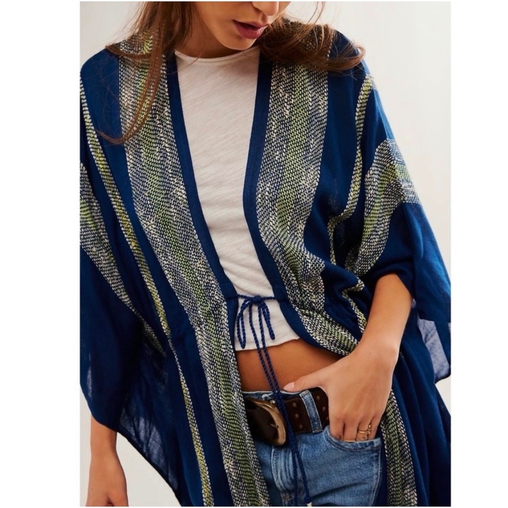 Free People Emerald Coast Blue Striped Kaftan Kimono Drawstring Tassel One Size - Picture 13 of 16